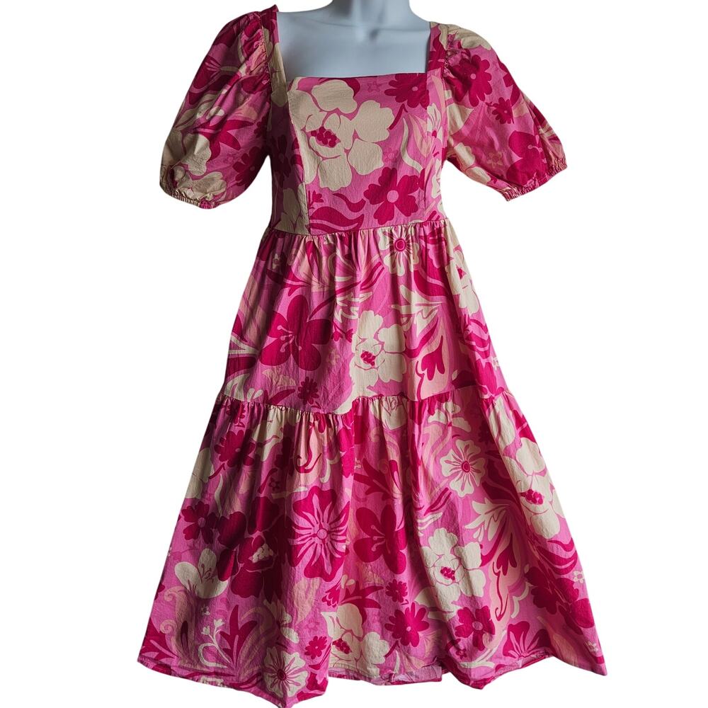 Crystal Sky Pink Floral Smocked Midi Dress Puff Sleeve Square Neck Small